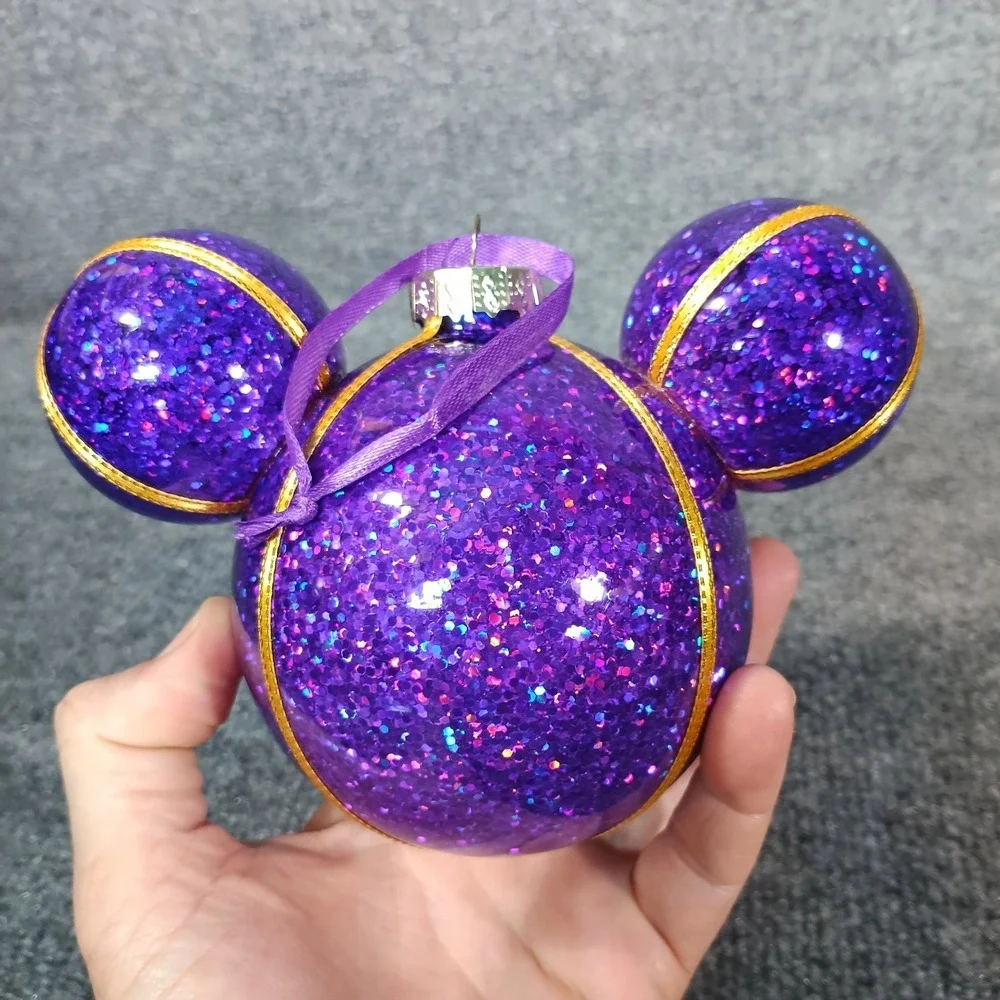Disney Mickey Mouse Icon Christmas Ornament Glass Ball Purple Glitter Gold Trim